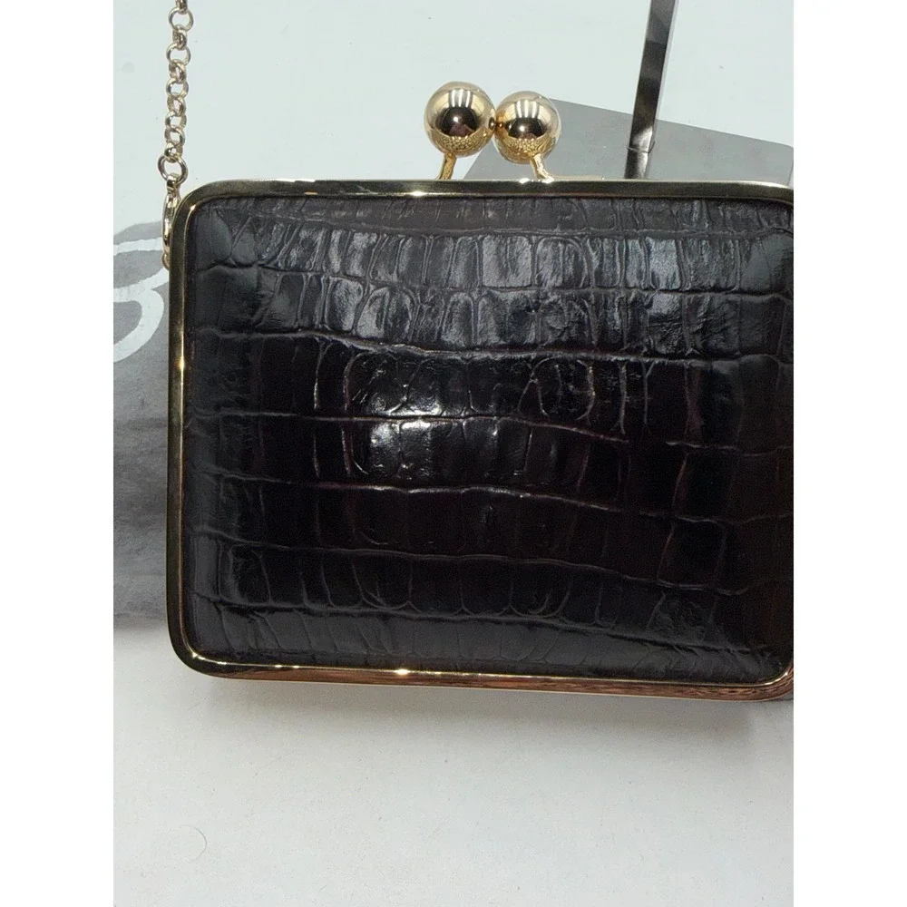 Brahmin Espresso Brown Croc Embossed Leather Kiss Lock Clutch Crossbody Bag